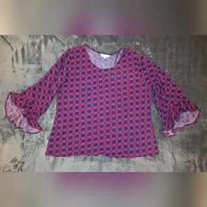 Escapada Geometric Ruffle 3/4 Sleeve Fuscia and Navy Blouse Holiday Christmas